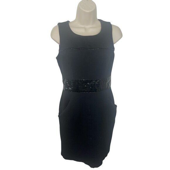 WD NY Women's Size 4 Vintage Black Dress with Vinyl Plastic Details and Pockets - Picture 1 of 11